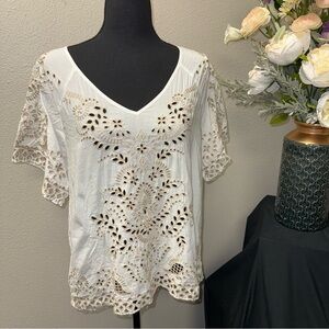 Sigrid Olsen White Eyelet Embroidered V-Neck Boho Blouse Medium